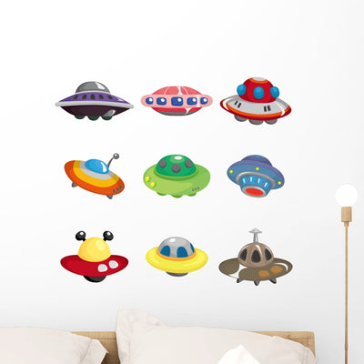 Ufo Spaceship Icon Set Wall Decal shown on a wall
