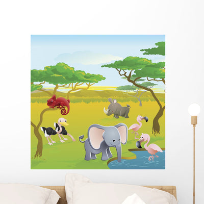 Cute African Safari Animal Wall Decal Design 1 shown on a wall