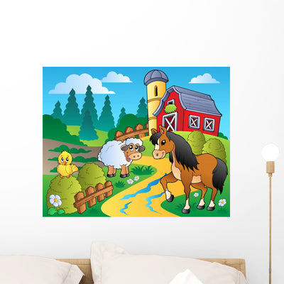 Country Scene with Red Wall Decal Design 7 shown on a wall