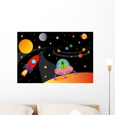 Alien Spaceship Universe Wall Decal shown on a wall