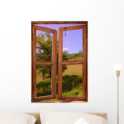 Landscape Seen through Window Wall Decal shown on a wall