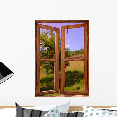 Landscape Seen through Window Wall Decal shown on a wall
