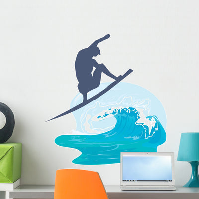 Silhouette Person Surfing Sea Wall Decal shown on a wall