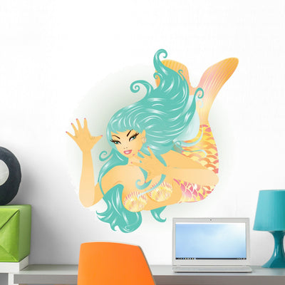 Beautiful Mermaid Vector Illustration Wall Decal shown on a wall