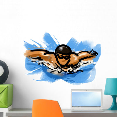 Stylized Swimmer Illustration Wall Decal shown on a wall