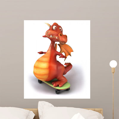 Red Skateboarding Dragon Wall Decal shown on a wall