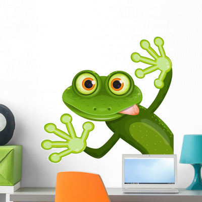 Green Cartoon Frog Sticking to Wall Wall Decal shown on a wall