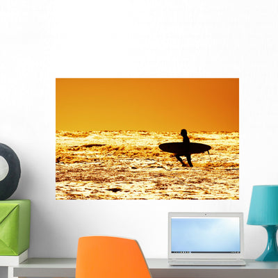 Surfing and Sunset Wall Decal shown on a wall