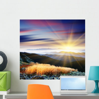 Sun Rays Mountain Landscape Wall Decal shown on a wall