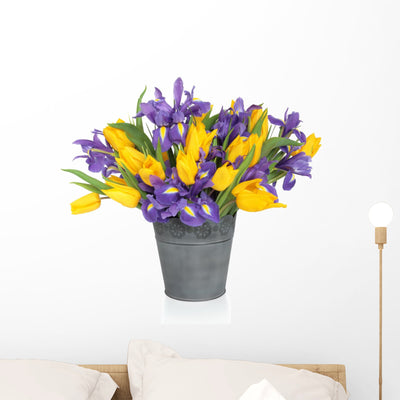 Iris and Tulip Flowers Wall Decal shown on a wall