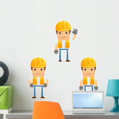Cartoon Construction Worker 9 Wall Decal Set shown on a wall
