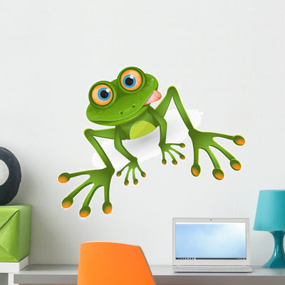 Green Cartoon Frog Wall Decal shown on a wall