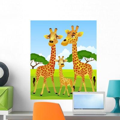 Giraffe Family Cartoon Wall Mural shown on a wall