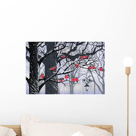 Bullfinches on trees in winter city Wall Mural