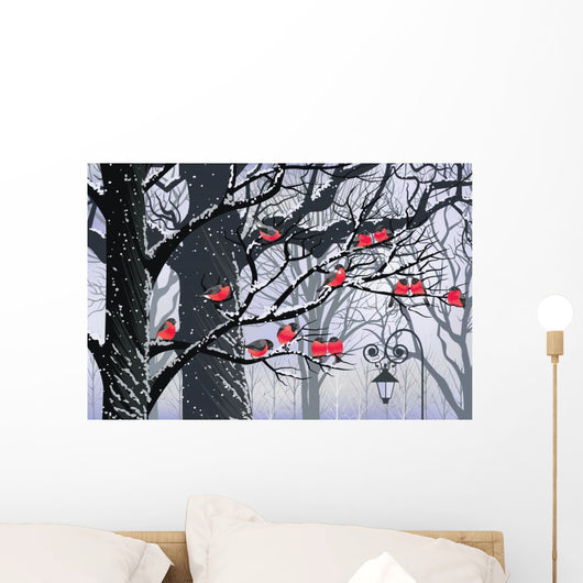 Bullfinches on trees in winter city Wall Mural