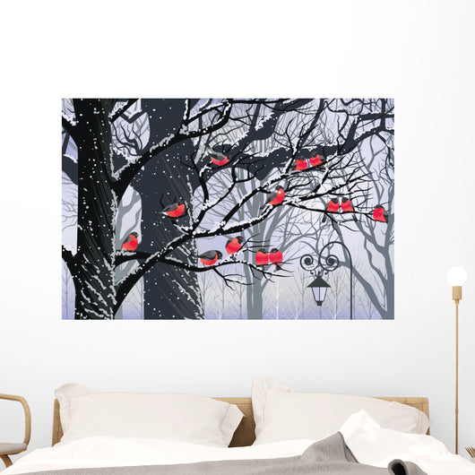 Bullfinches on trees in winter city Wall Mural
