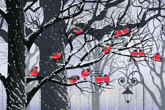 Bullfinches on trees in winter city Wall Mural