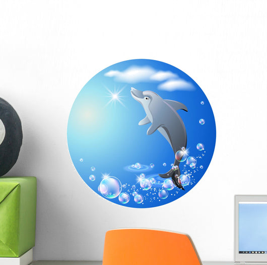 Round Background With Dolphin Clouds and Bubbles Wall Decal