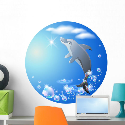 Round Background With Dolphin Clouds and Bubbles Wall Decal