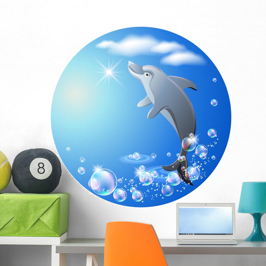 Round Background With Dolphin Clouds and Bubbles Wall Decal