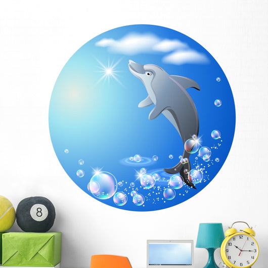 Round Background With Dolphin Clouds and Bubbles Wall Decal