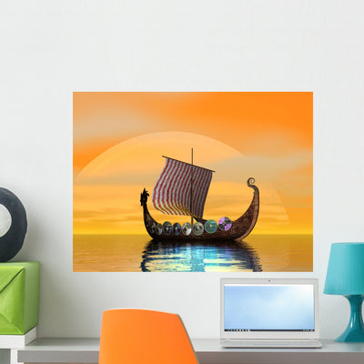 Viking Ship Wall Mural shown on a wall