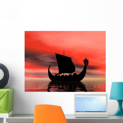 Sailing Viking Ship Wall Mural shown on a wall