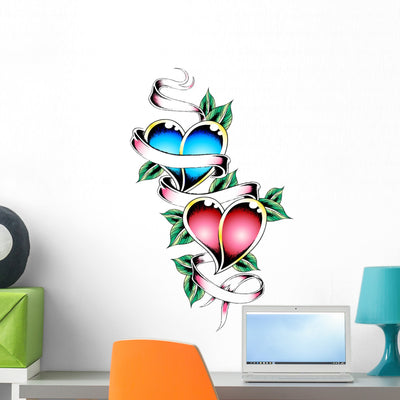 Double Heart Tattoo Wall Decal shown on a wall