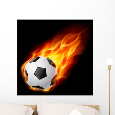 Soccer Ball Fire Wall Mural shown on a wall