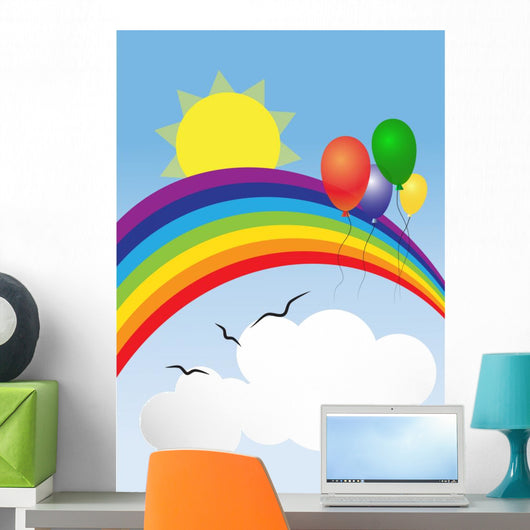 Rainbow, sun, balloons and clouds with a place for a text Wall Mural