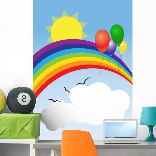 Rainbow, sun, balloons and clouds with a place for a text Wall Mural