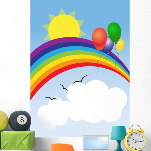 Rainbow, sun, balloons and clouds with a place for a text Wall Mural