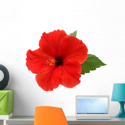 Red Hibiscus Flower White Wall Decal shown on a wall