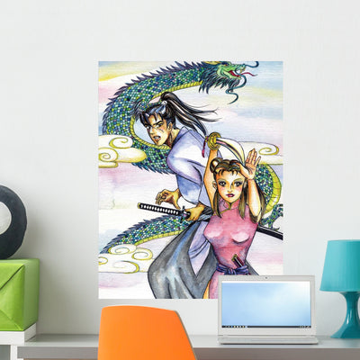 Samurai and Kung Fu Wall Mural shown on a wall