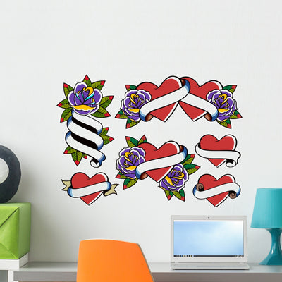 Hearts Roses Tattoo Wall Stickers shown on a wall