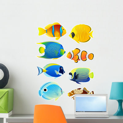 Eight Tropical Fish Wall Stickers shown on a wall