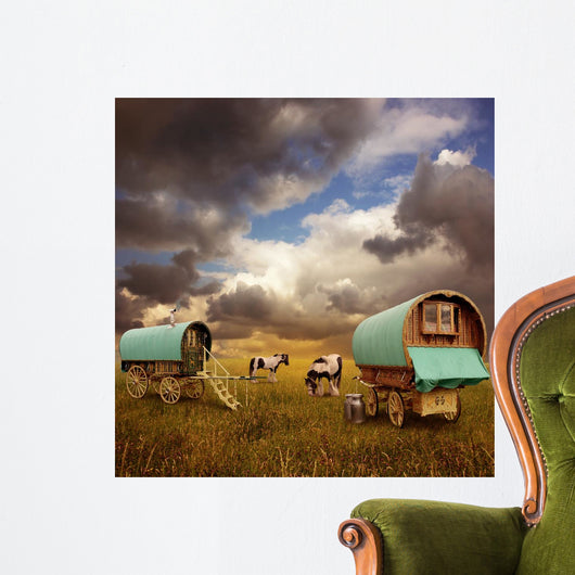 Old Gypsy Caravans Trailers Wagons With Horses Wall Mural