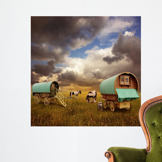 Old Gypsy Caravans Trailers Wagons With Horses Wall Mural