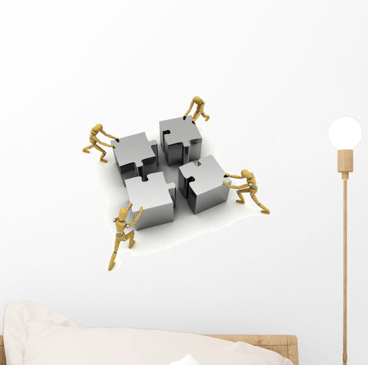 Four Wooden Mannequins Pushing Wall Decal