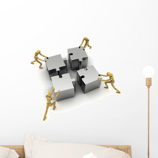 Four Wooden Mannequins Pushing Wall Decal