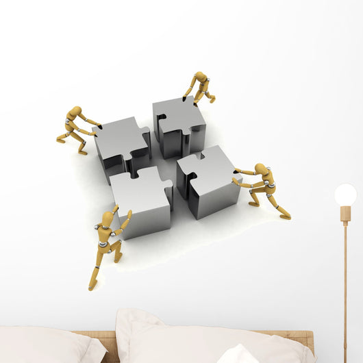 Four Wooden Mannequins Pushing Wall Decal