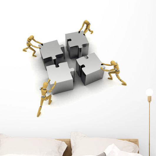 Four Wooden Mannequins Pushing Wall Decal