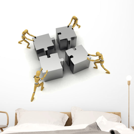 Four Wooden Mannequins Pushing Wall Decal