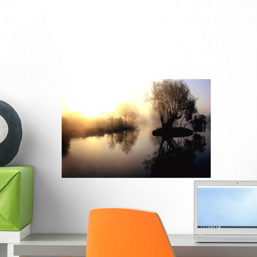 dramatic sunrise over a misty lake at dawn Wall Mural