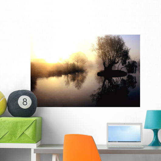 dramatic sunrise over a misty lake at dawn Wall Mural