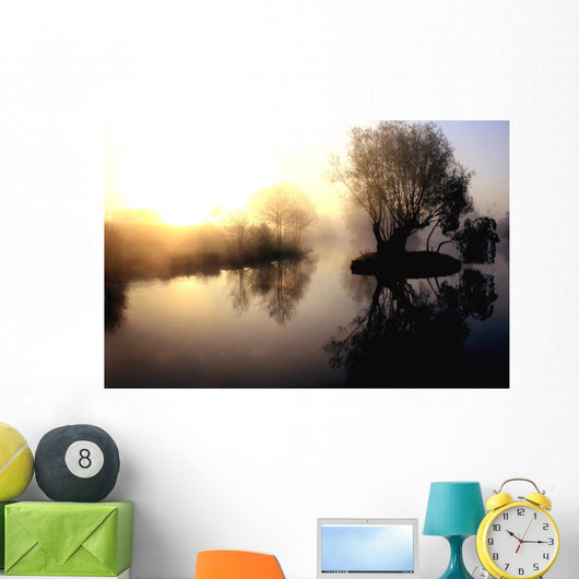 dramatic sunrise over a misty lake at dawn Wall Mural