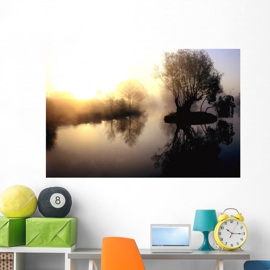 dramatic sunrise over a misty lake at dawn Wall Mural