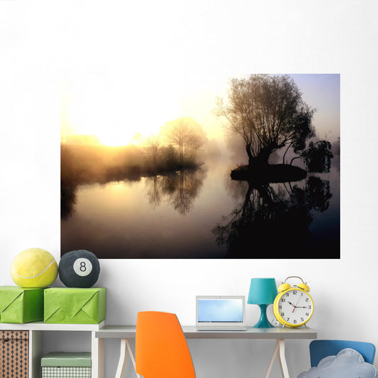 dramatic sunrise over a misty lake at dawn Wall Mural