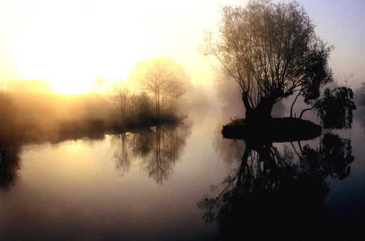 dramatic sunrise over a misty lake at dawn Wall Mural
