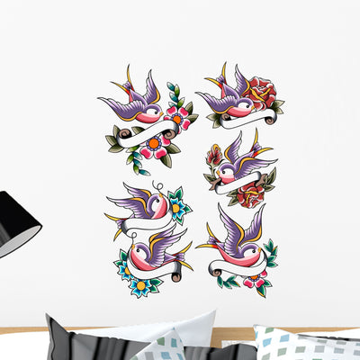 Flowers Swallow Tattoo Wall Stickers shown on a wall